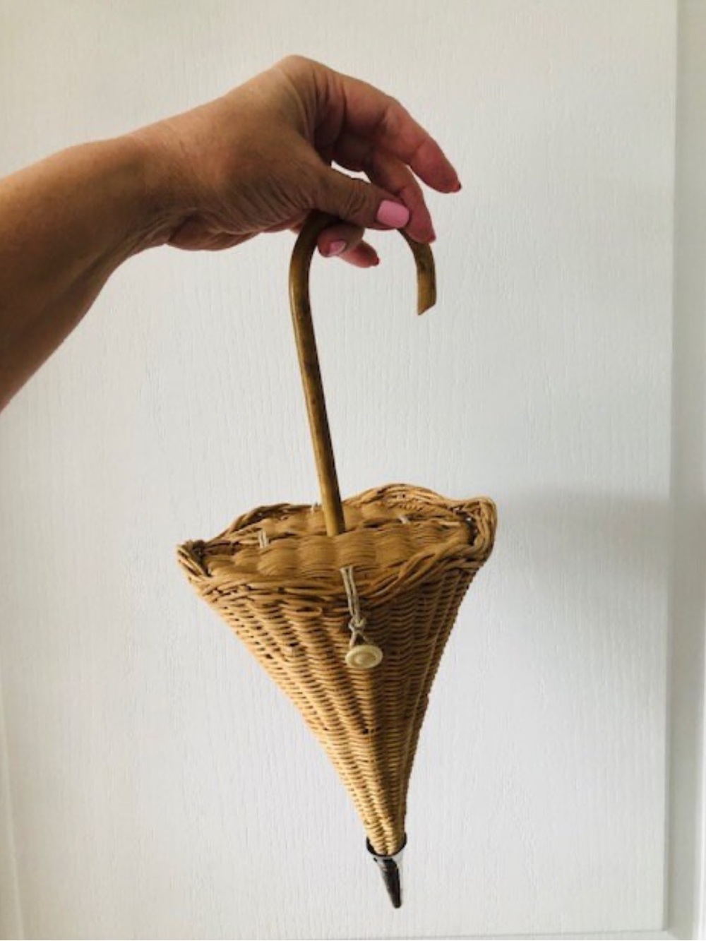 1940s Vintage Woven Umbrella Basket - Natural Rattan